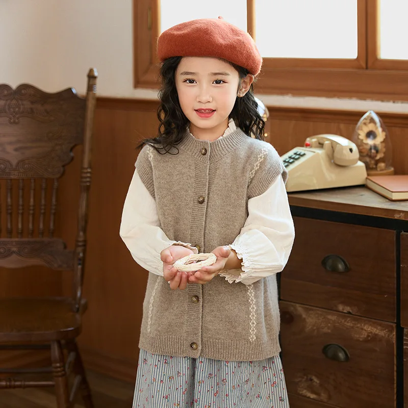 

Boys Winter wool Sweater Girls Solid sleeveless 100% Wool Undershirt cardigan Sweater Childrens cashmere Kids adolescent Sweater