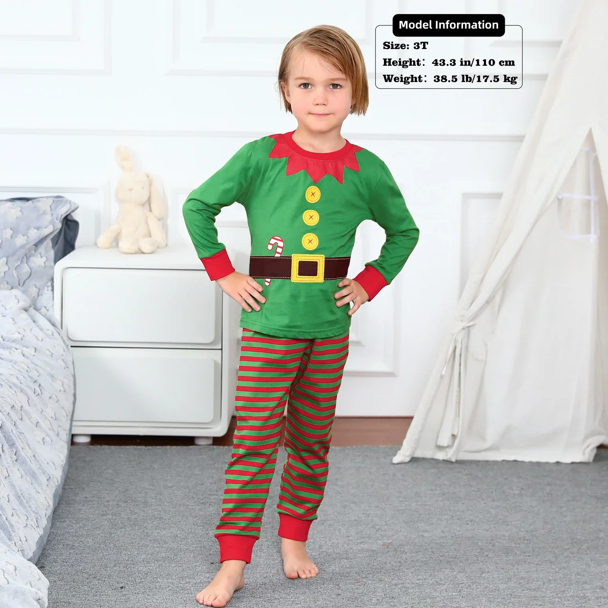 Christmas Pajamas Kids Boys Cosplay Green Elf Santa Claus Sleepwear Toddler Girls Xmas Clothes with Hat New Year Gift 2-14 Years