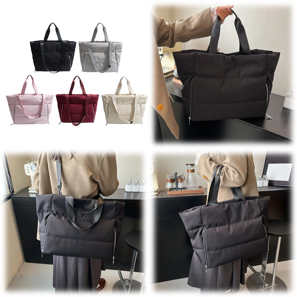 

Women Casual Padded Bag Large Capacity Quilted Top Handle Bag Solid Color Puffy Shoulder Bag Female Travel Bag