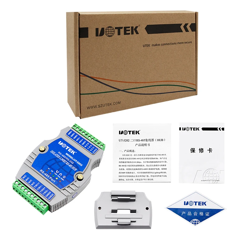 공장 판매 DIN 레일 산업용 RS232 RS485 - 2 포트 RS-485 허브 비동기식 반이중 15KV ESD RS 485 허브 UT-5202