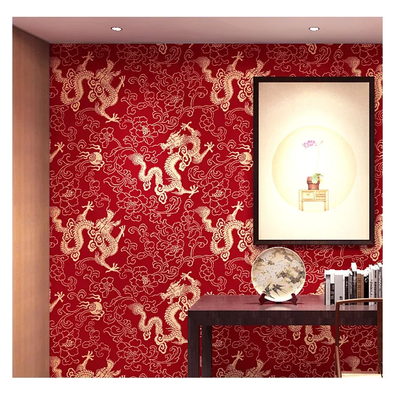 Chinese wallpaper TV background wall dragon pattern calligraphy wallpaper porch study restaurant hotel classical wallpaper