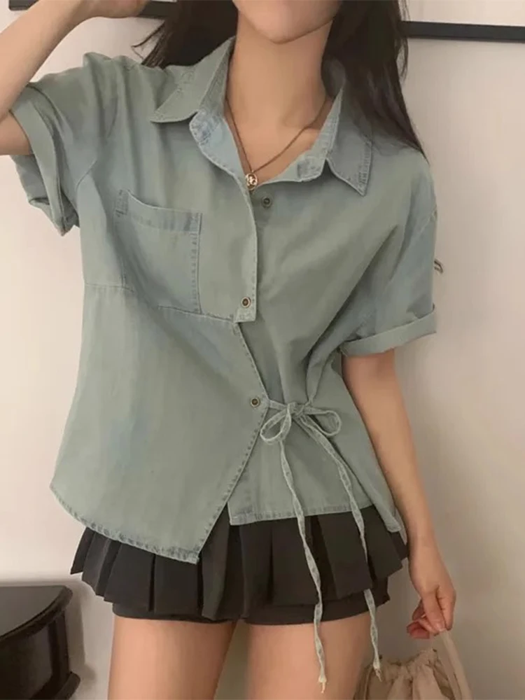 

Retro Personali Asymmetric Tie-Dye Denim irt Women's Summer New Sle Versatile Vintage Top Korean Loose Fit ort Sve
