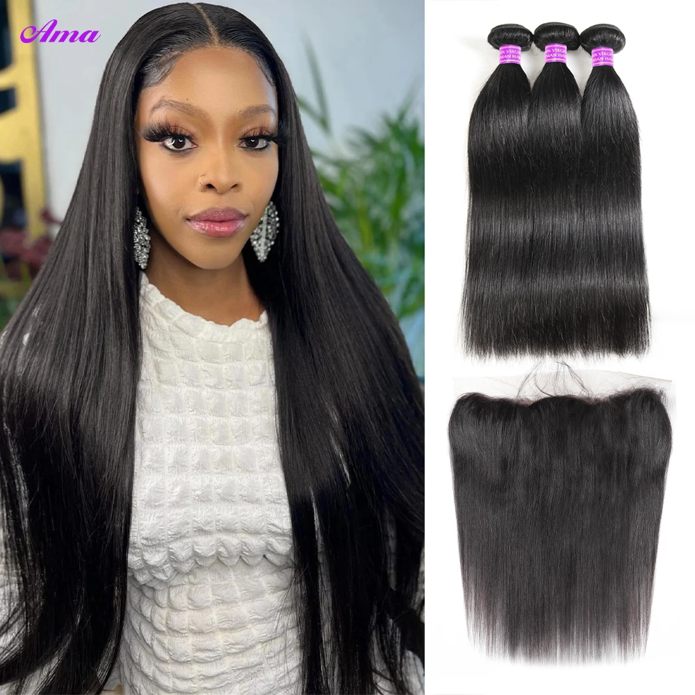 

Peruvian Straight Hair Bundle With Frontal Human Hair 3/4 Bundles With Frontal Transparent Lace Frontal With Bundles