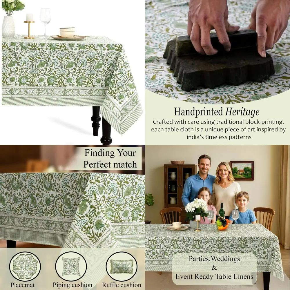 

100% Cotton 60x60 Inch Indian Block Print Square Tablecloth, Perfect for Weddings, Spring/Summer, and BBQs - Agate Green