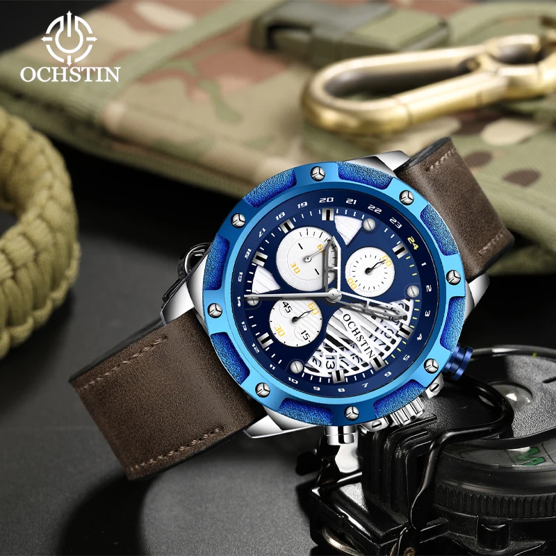 Ochstin marca superior relógio de pulso quartzo masculino moda esportes cronógrafo militar à prova dwaterproof água couro calendário relógio masculino reloj hombre