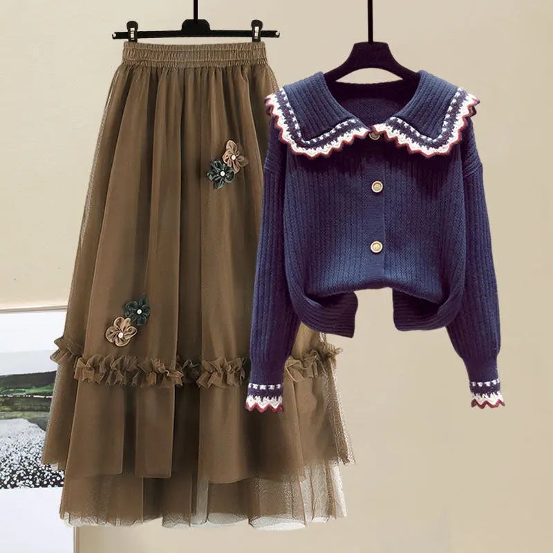 Women's Clothes Spring Autumn Outfits 2023 New Age Reducing Knitted Cardigan Sweater High Waist Mesh Half Skirt Two Piece Set