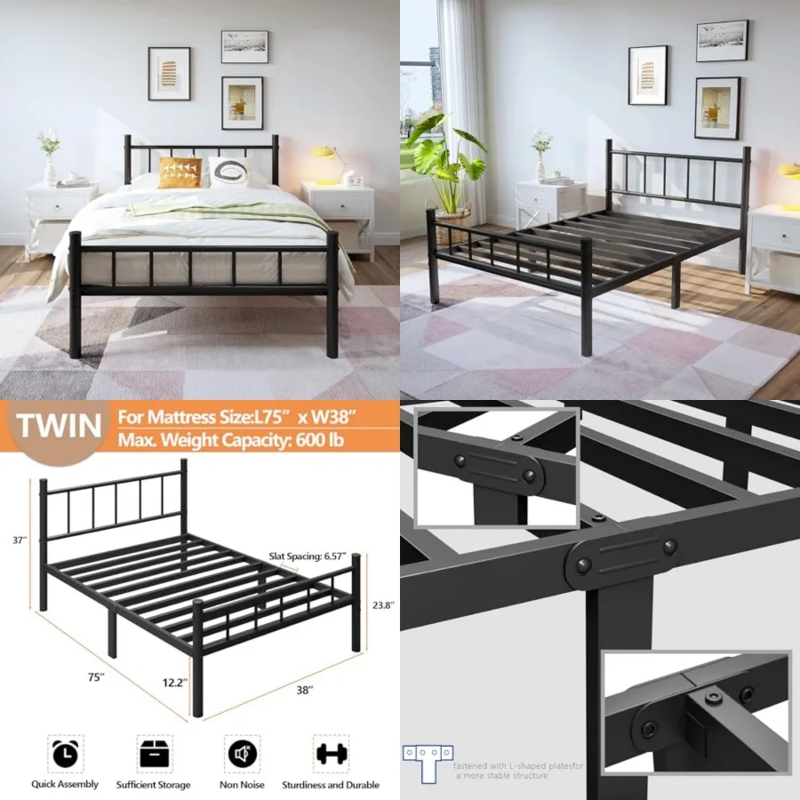 

Size Metal Bed Frame with Headboard and Footboard 14 Inch Metal Platform Mattress Foundation Support with Steel Slat, Under Bed