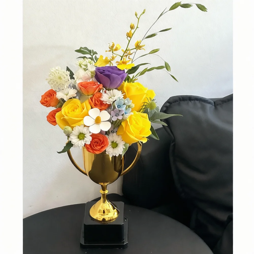 Luxury Trophy Flower Container Gold Silver Plastic Vase For Florist Bouquet Art Diy Decorative Wedding Ornament