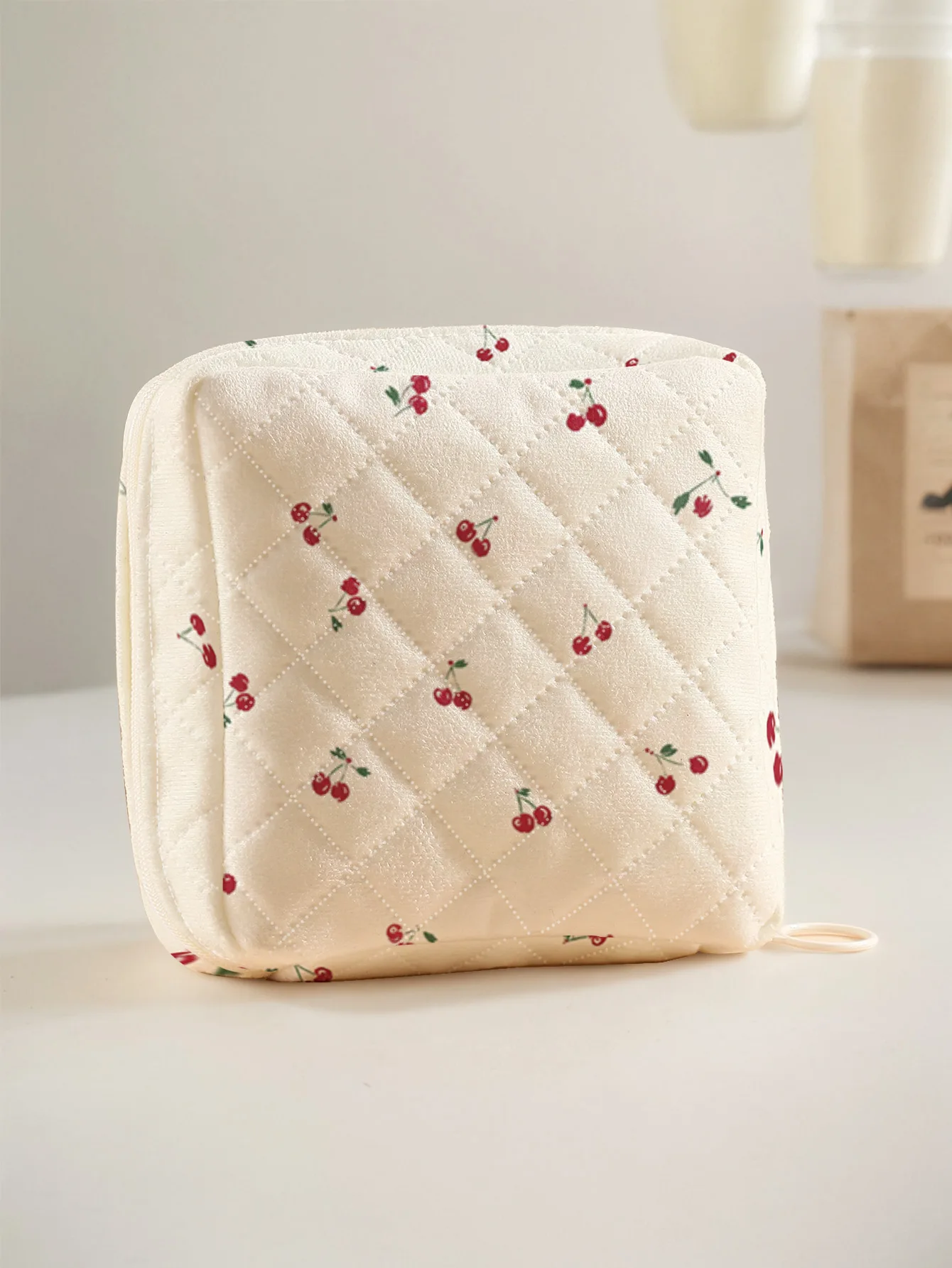 1 portable sanitary napkin storage bag, printed with tiny red cherries, diamond quilted fabric lightweight ladies tissue pouch