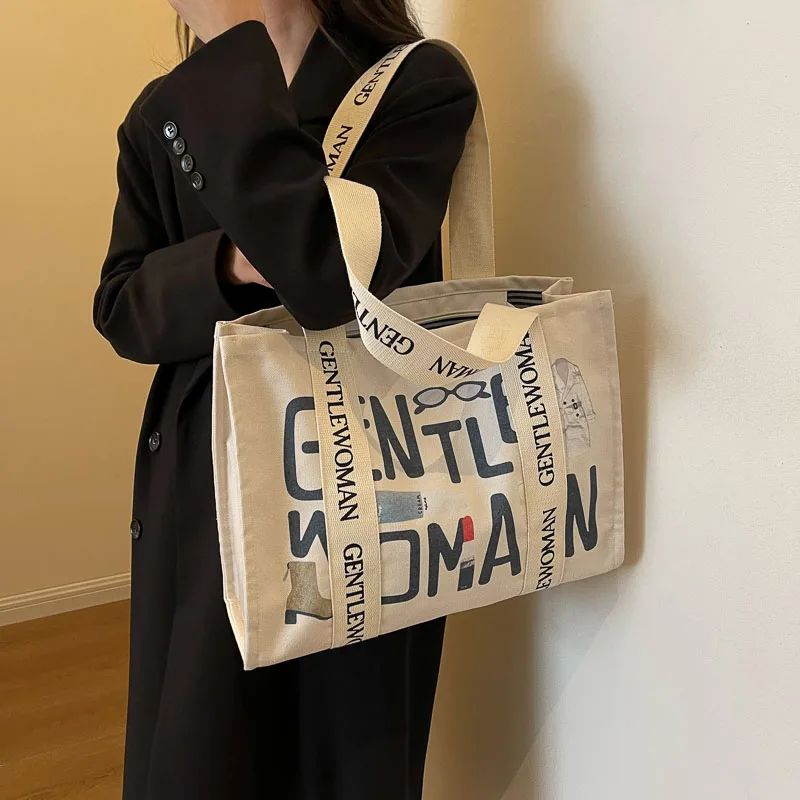 Casual Canvas Large Capacity Tote Bag Women Handbags Korean Style Letter Printing Shoulder Bag Portable Shopper Bag Purse 2024