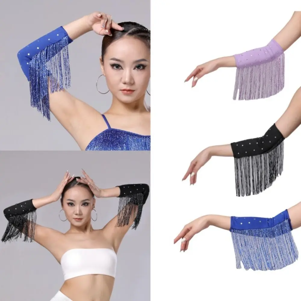 Performance Stage Latin Dance Fringed Sleeves Flash Drilling Rhinestone Fringe Tassel Gloves Solid Color Latin Dance Costumes