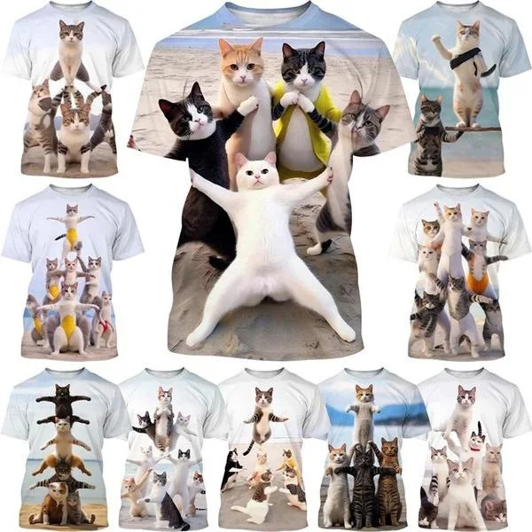 Novel Kawaii Cute Beach Cat Series T-shirt 3D Printed Men/Women Trend Funny Short sleeve Top Unisex Kid Tee Oversized Streetwear