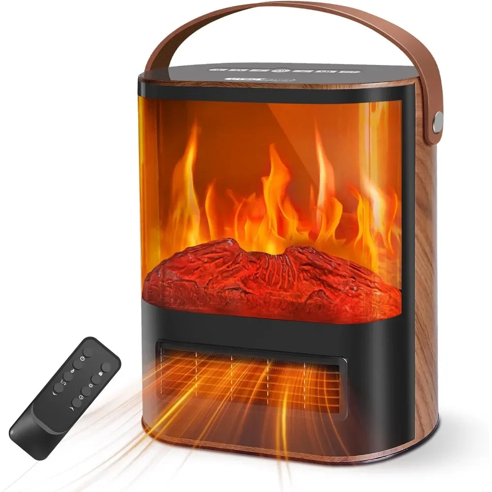 

1500W electric fireplace heater with thermostat and remote control, featuring realistic 3D flames and a 12H timer