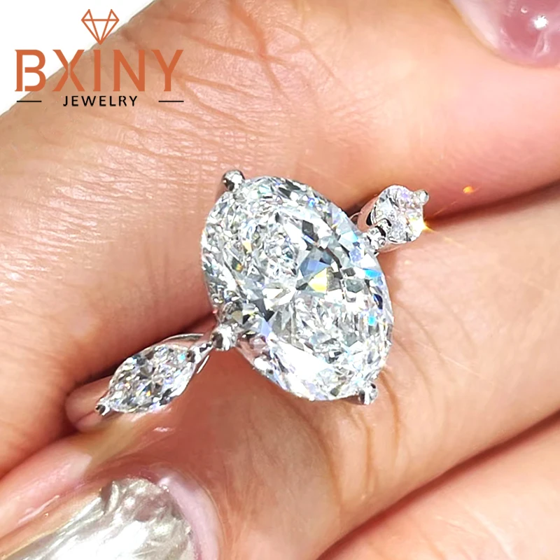 BXINY 3-Stone Oval Cut All Moissanite Rings 100% 925 Silver Certified Diamond for Women Wedding Band Gifts Fine Jewelry With GRA