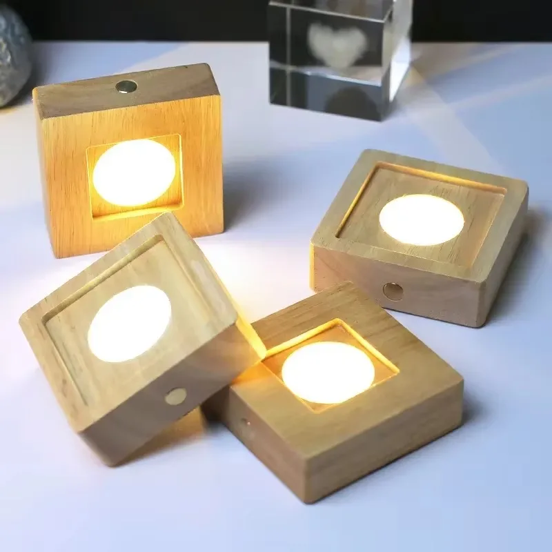 Wooden Lamp Base, Night Light, Rubber Wood Square USB Rechargeable for Crystal Stone Display Bedroom Nightstand Decor Gift