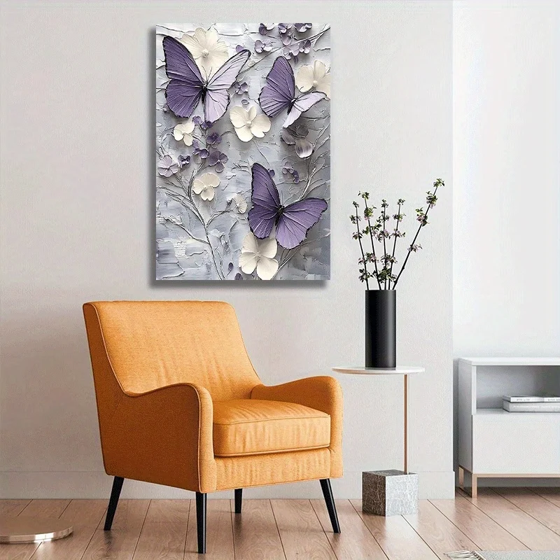 قطعة واحدة من قماش الأزهار على شكل فراشة مؤطرة ثنائية الأبعاد |   مزرعة ريفية (رمادي/أرجواني-أبيض) |   الزفاف/دش الزفاف/ديكور المنزل