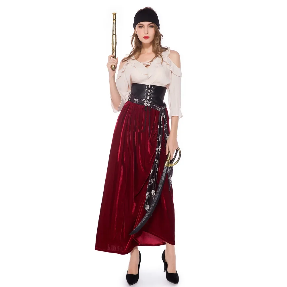 

Medoeval Gothic Fancy Woman Dress Suit Halloween Female Caribbean Pirates Captain Jack Costume Headband Belt Skirt Set Cosplay