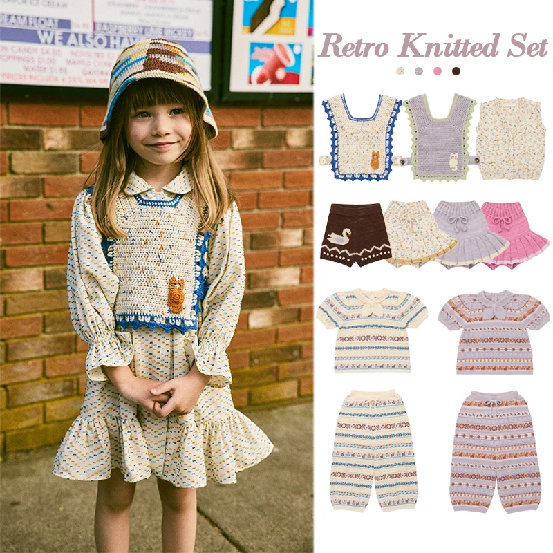 

Children's sweater 2026 summer MP retro country style girls' fixed-dye popcorn knit jacket and skirt set