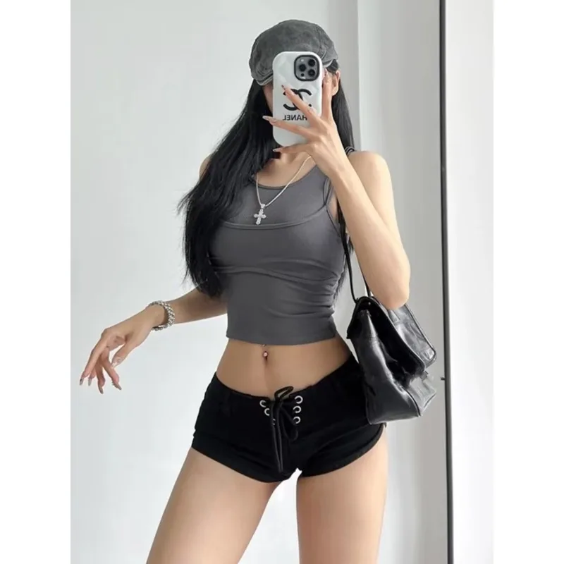 Summer Women Y2K Hot Girl Low Waist Denim Mini Shorts Cotton Fitted Tie Detail Hip Hugger Slim Fit Ins Trendy Jeans Shorts