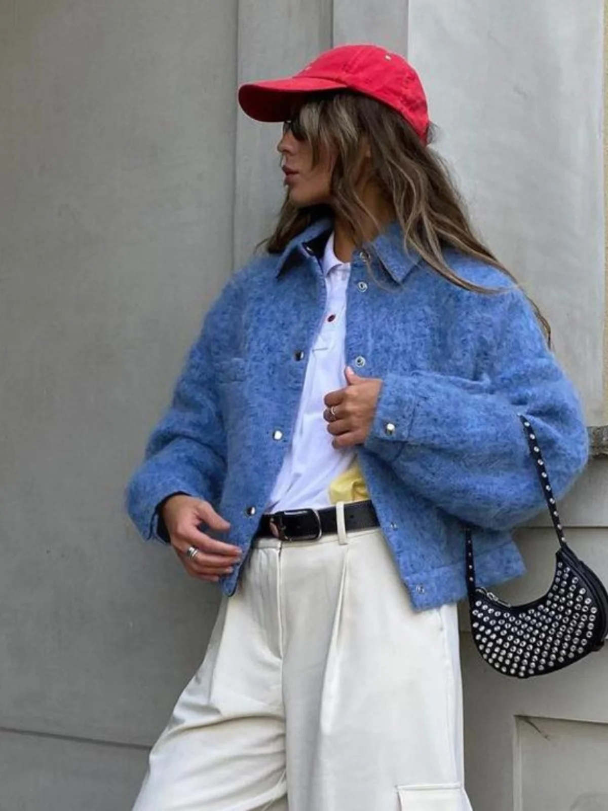 

Blue Long Sleeve Stand Collar Fashionable Jacket Versatile Stylish Outerwear Commute Style Straight Cut Single Piece Autumn 2024