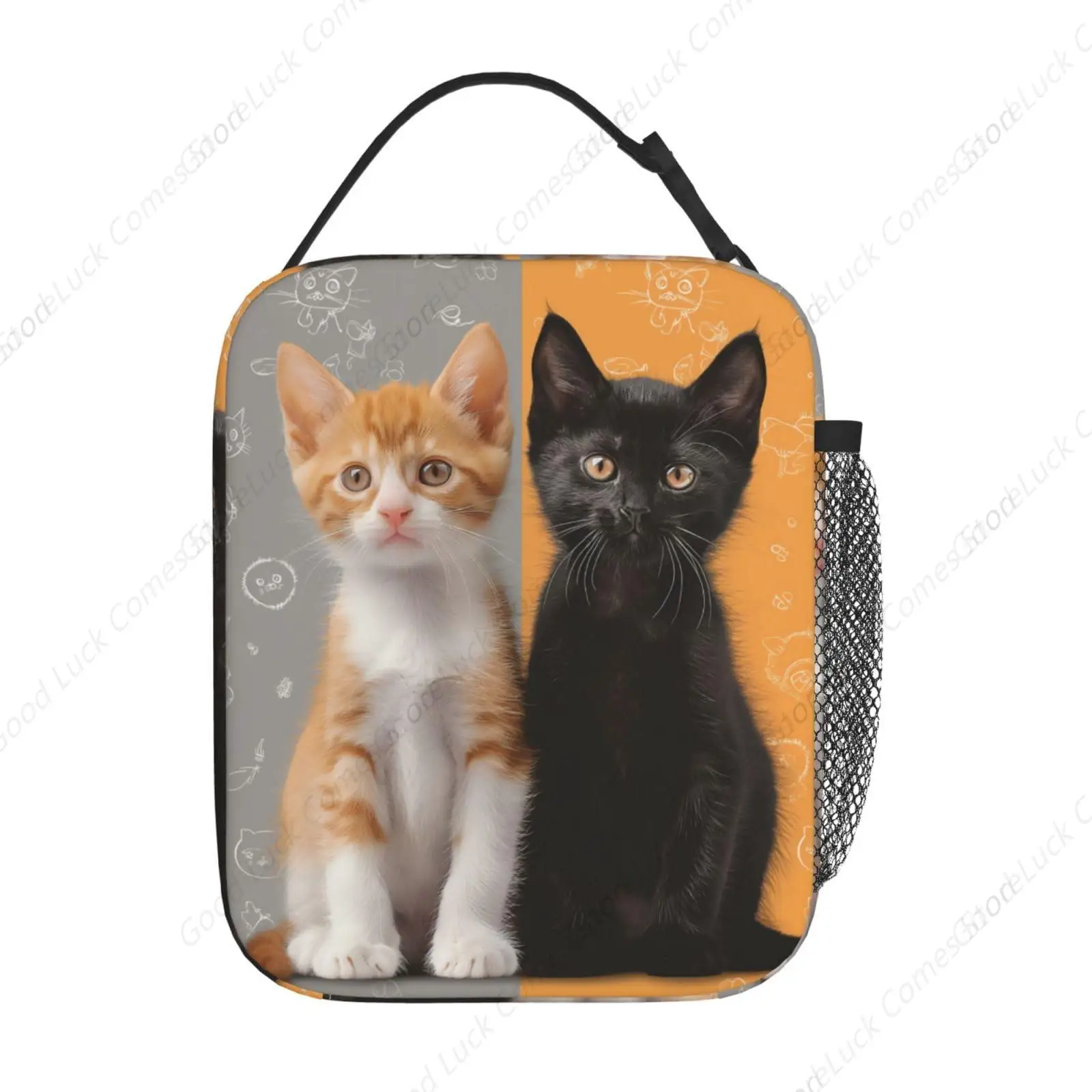 Insulated Lunch Box for Women Men, Yellow and Black Cat Lunch Box Reusable Portable Lunch Bag Cooler Tote Waterproof Lunch Bag