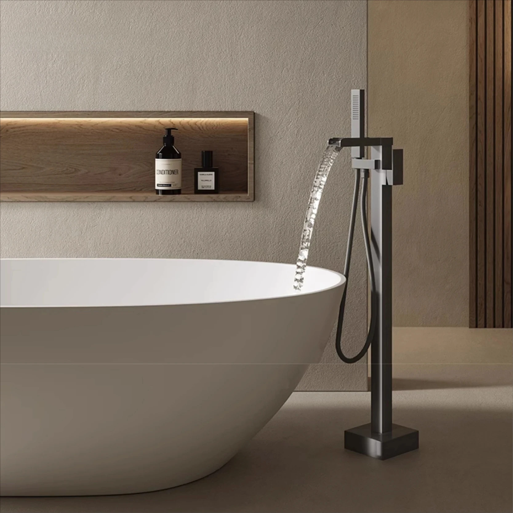 Luxury Brass Matte black Floor-Mounted Bathtub Faucet 2-function High flow waterfall outflow Anti-Scale Bathroom Fixtures