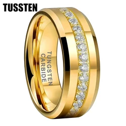 TUSSTEN 8MM CZ Stone Inlay Beveled Edges Black Tungsten Ring for Men Women Eternity Fashion Engagement Wedding Band