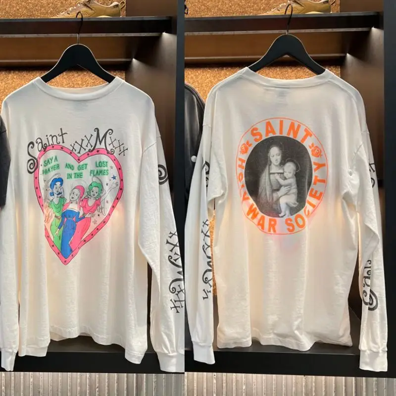 Saint Long Sleeve Tshirt Heart Shaped Photo Frame Cute Girl Graffiti Print Letter Logo Round Neck Pullover Men Women Loose Tops