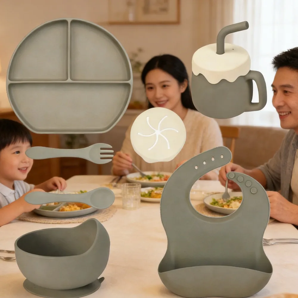 

Силиконовая тарелка для малышей, набор из семи предметов, разделенная тарелка для кормления, нагрудник, чашка, вилка, ложка, посуда для кормления