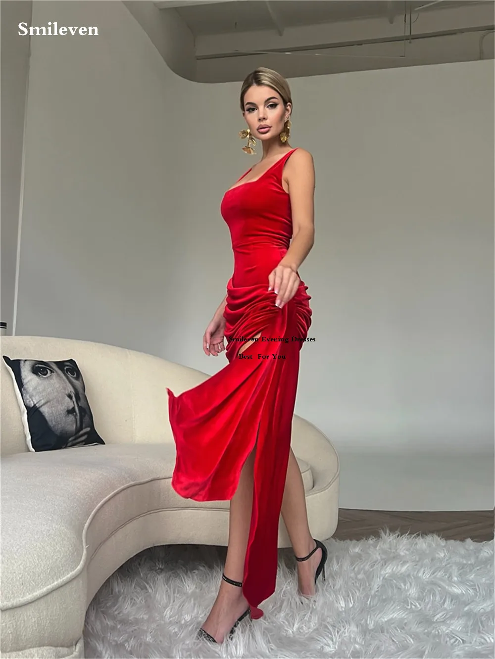 Smileven-Mini vestidos de fiesta de terciopelo rojo, vestido de cóctel con cuello cuadrado, corpiño Sexy, vestido de fiesta de noche personalizado