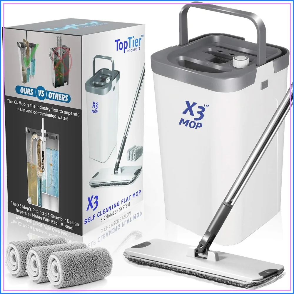 

3-Chamber Mop Bucket Set, Separates Dirty & Clean Water, Flat Mop with 360° Head, 3 Reusable Microfiber Pads, Wet & Dry Use, Hands-Free Cleaning