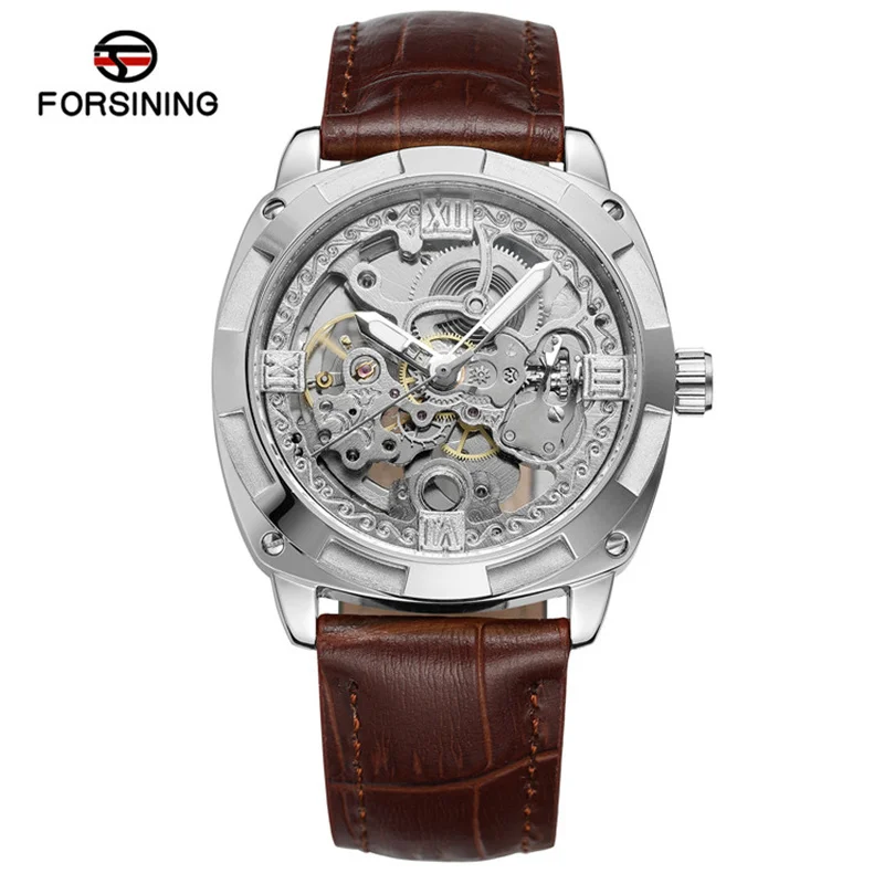 Forsining 207B Mechanical Automatic Vintage Leather Strap Carved Dial Watch Man For Sale Casual Business Men\'s Clock