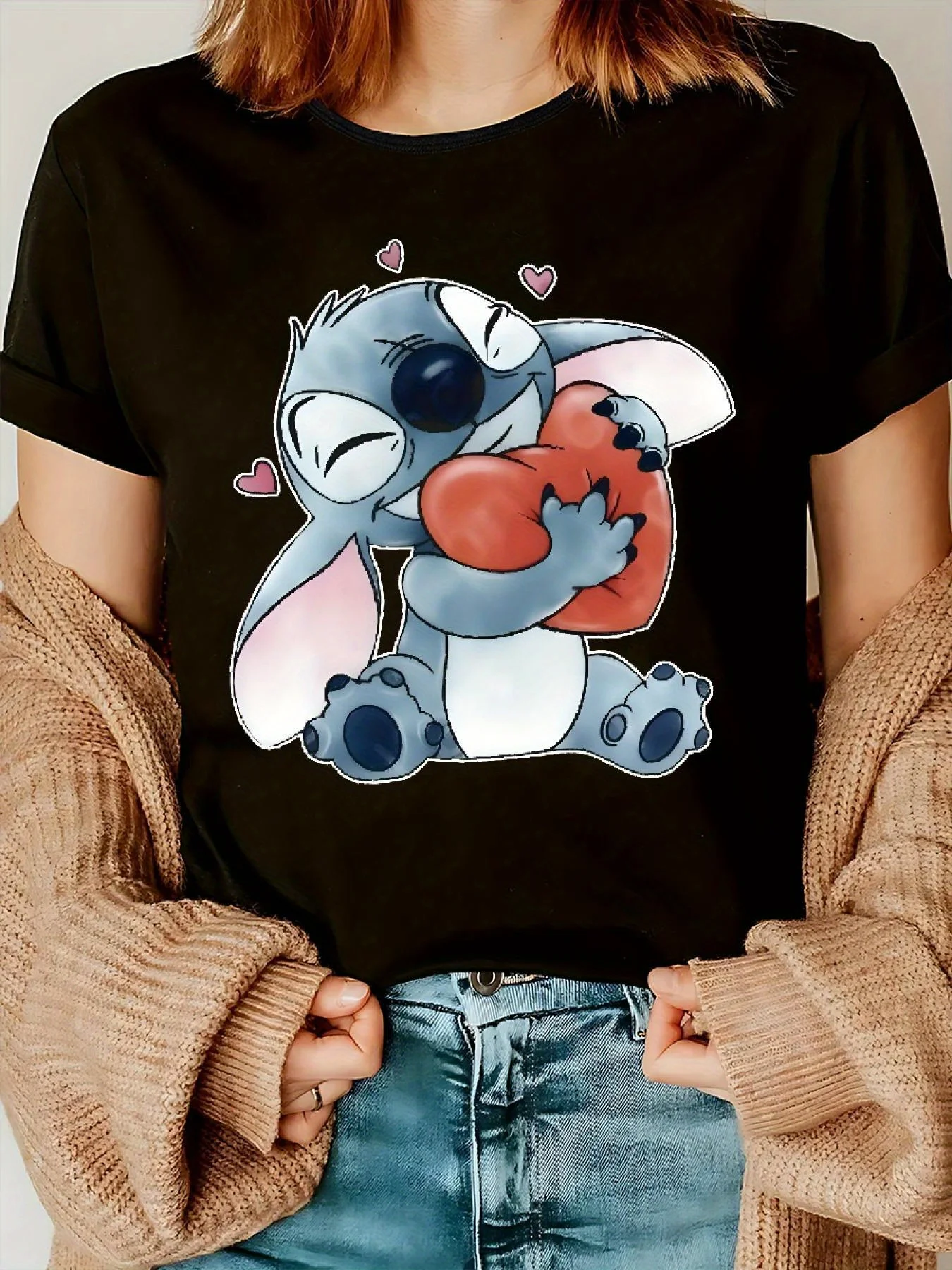 T-shirt casual da donna a maniche corte con design a cuore con cuciture - Girocollo, elastica e leggera, perfetta per la primavera/estate