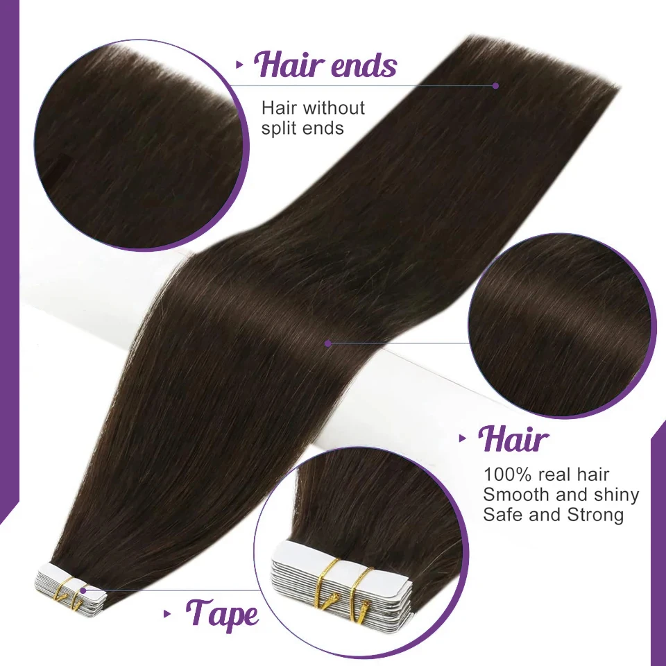 Extensiones de cabello humano tape-in liso natural color #2 marrón invisibles 100% cabello humano real 3