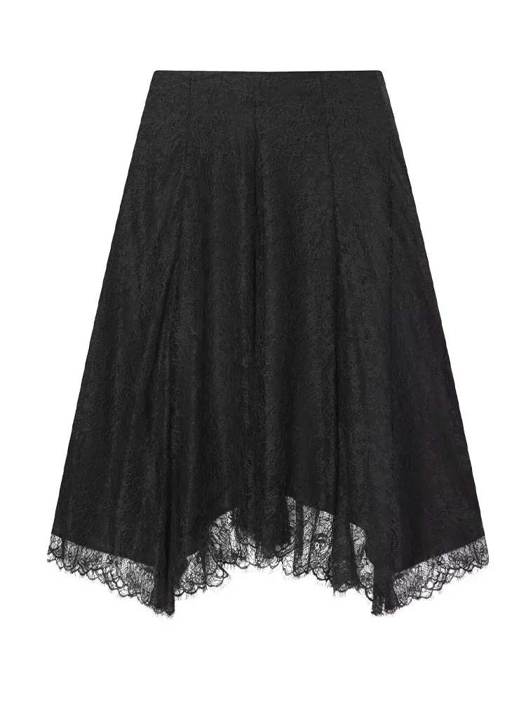 HH Women's New Fashion Vintage Sexy Lace Zipper Midi Skirt Female Temperament Simple Mid-waist Versatile Slim Asymmetrical Skirt