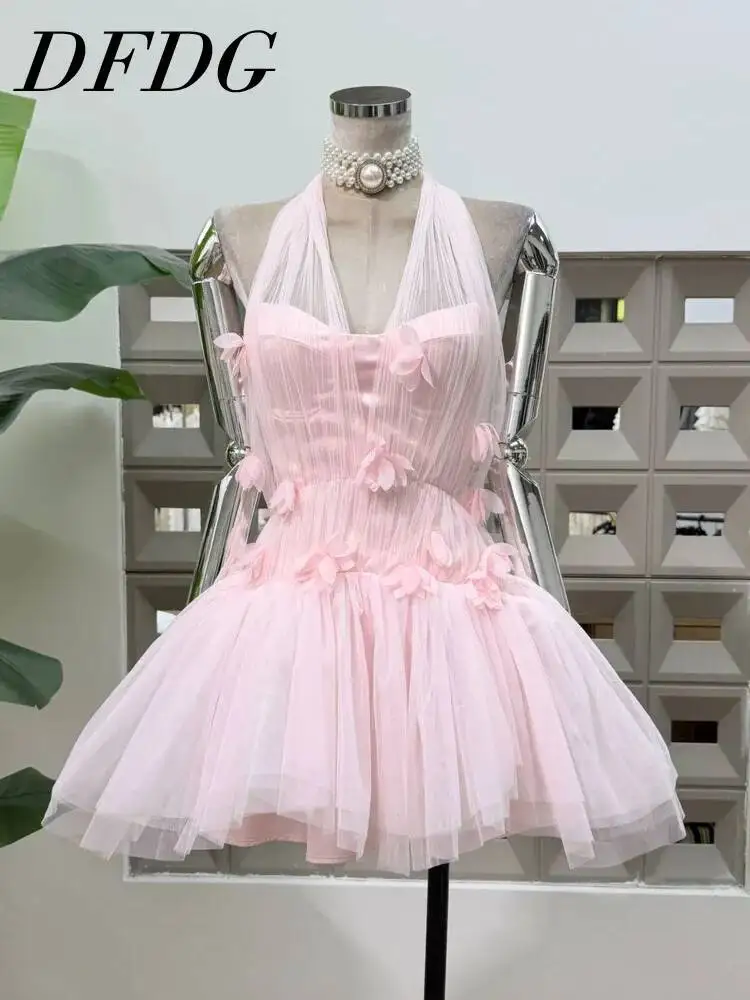 

DFDG Women 2026 Spring Summer Halter Neck Tulle Mini Dress 3D Floral Applique Tiered Ruffle Hem Elegant Romantic Party Dress