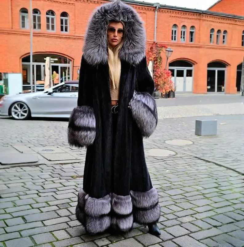 Luxury Women Real Mink Fur Coat Real Silver Fox Fur Hood Cuff Trim Overcoat Winter Thick Genuine Natural Fur Warm Long Jacket