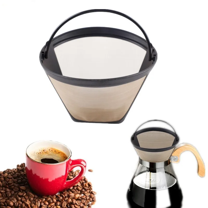 Cone-Style Reusable Coffee Filter Permanent Coffee Maker Machine Filter Gold Mesh With Handle Cafe Coffees Tools reusable cafe