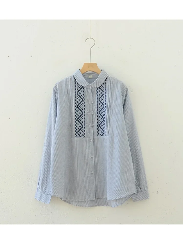 Retro Embroidery  Personalized Buttons Cotton Long Sleeve Striped Shirt Blouse