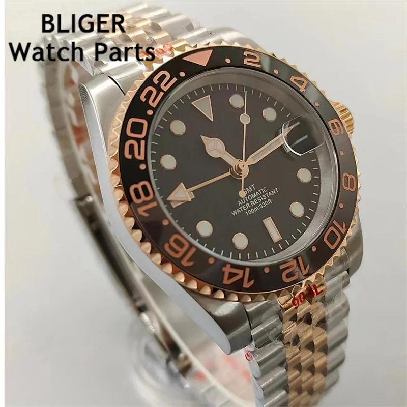 BLIGER 40mm GMT Men Mechanical Wristwatch NH34 Watch Sapphire Glass Ceramic Bezel Letters Black Dial Stainless Steel Bracelet