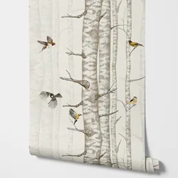 Birch Tree Wallpaper with various Birds flying in Beige color, Warm style Birds Wall paper flying in birch forest