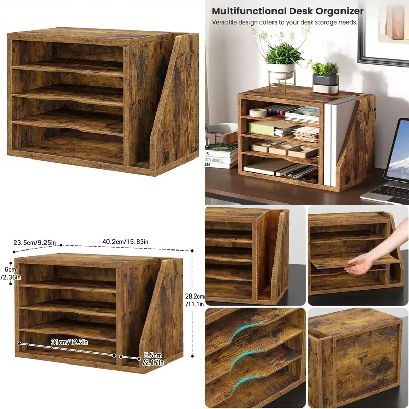 Engineered Wood Rectangle File Storage Box Desktop 3 Adjustable Shelves Mail Paper Sorting Magazine Organizer Pristine Brown