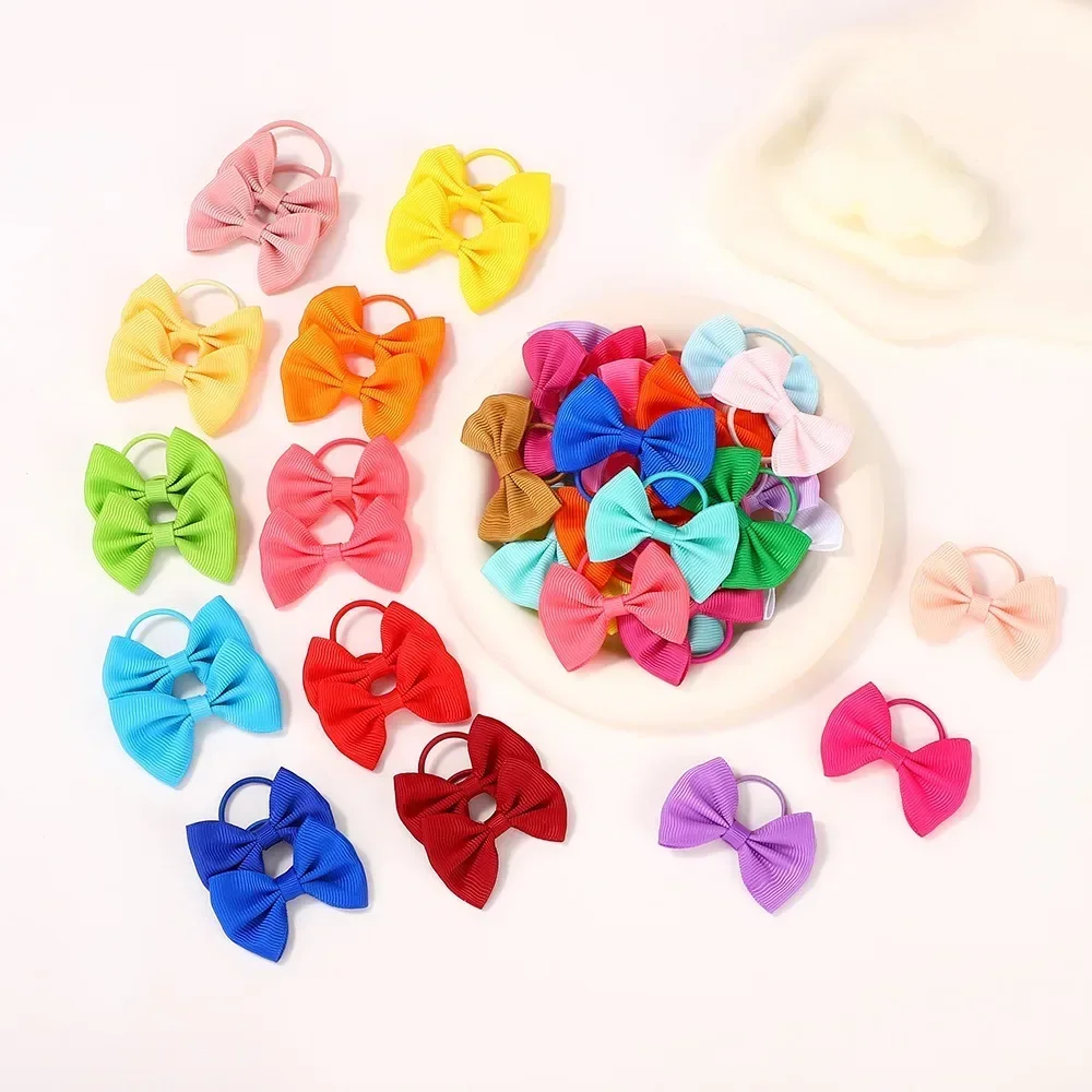 RAINBOW BOWS 20/40Pcs/lot Hair Ribbons Head Bows Tie for Girls Elastic Solid Bowknot Rubber Hairband Children Headwear Wholesale