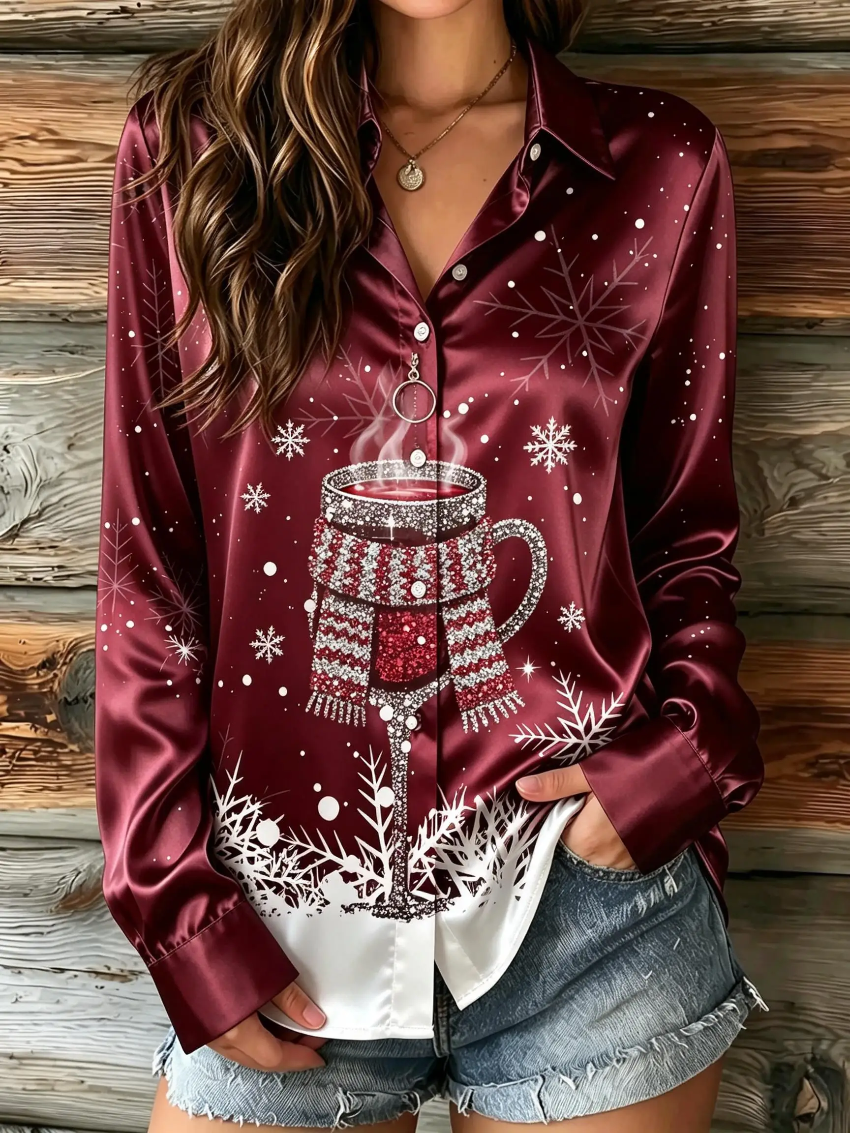 Women Lapel Collar Long Sleeve Button Down Shirt Christmas Wine Cup Snowflake Graphic Print Holiday Casual Blouse Top