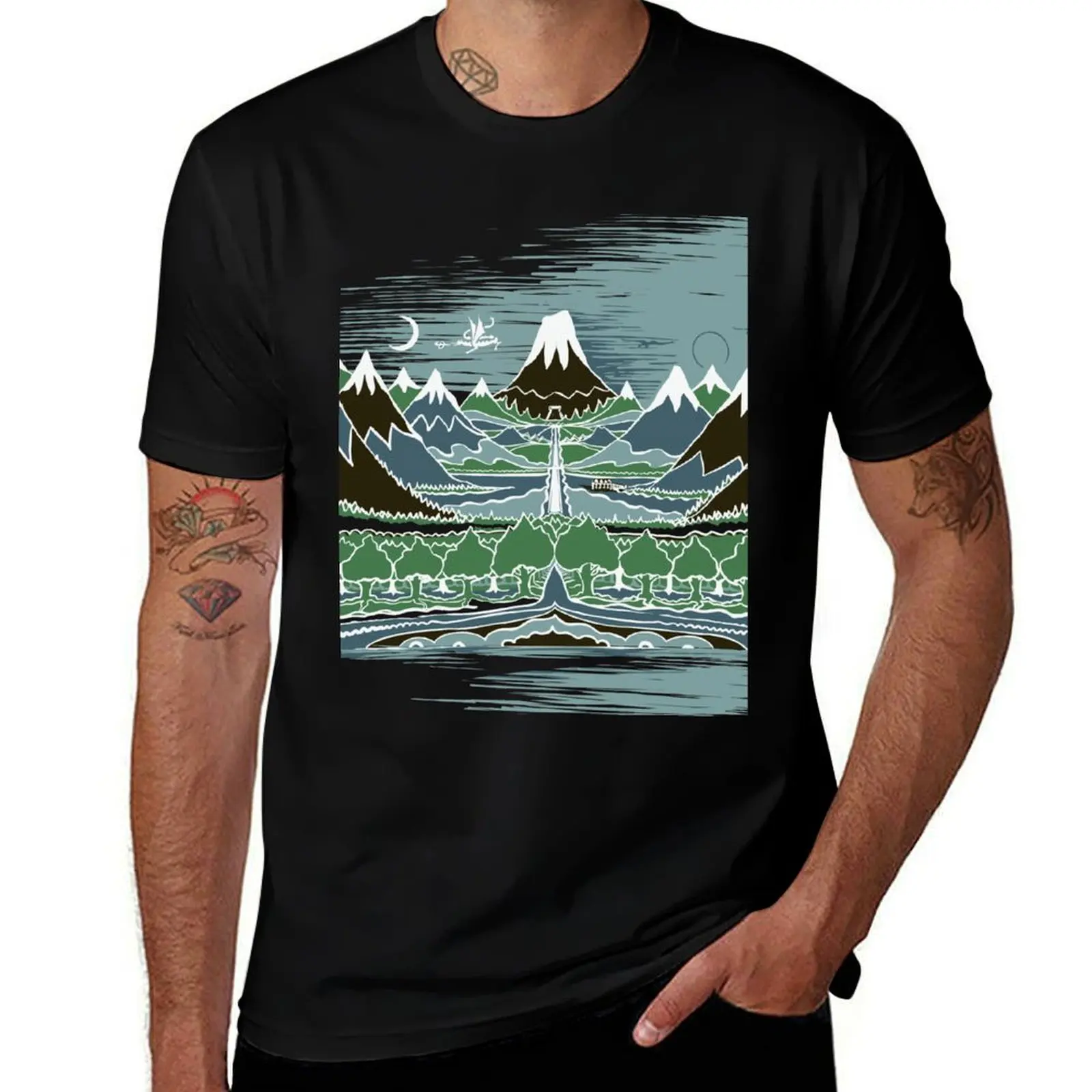 

A Halflings journey on a mountain path through an elven wood in the style of J.R.R.Tolkien T-Shirt