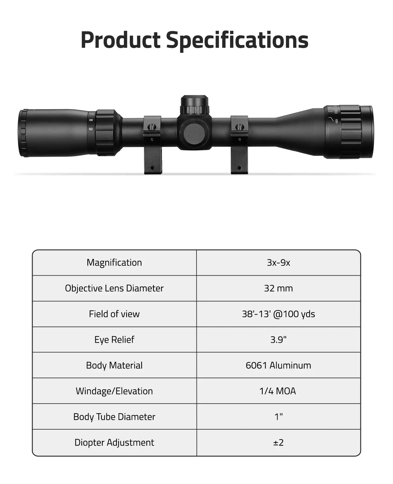 CVLIFE Rifle Scope 3-9x32 AO Optics Riflescope Sighting Crosshair Reticle Sights Adjustable Diopter for 11mm Dovetail Rail