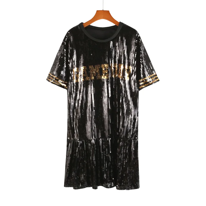 

Summer Letter Streetwear High Quality Sequined Short Sleeve T-Shirt Round Neck Loose Hip Hop Night Club Women's Clothing
