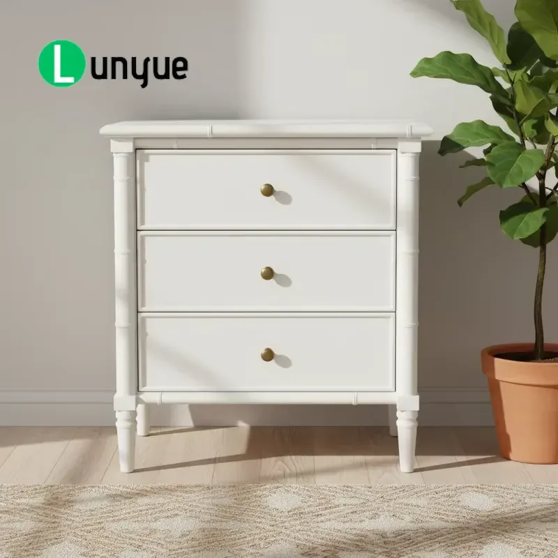 Classic Ivory White French Solid Wood Bamboo Leg 3 Drawer Bedside Table Eco Friendly Nightstand for Bedroom Hotel Storage