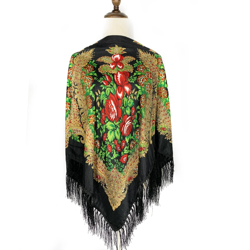 130*130cm Russian National Square Scarf for Women Ethnic Style Floral Print Ukrainian Fringed Shawl Babushka Bandana Head Wraps