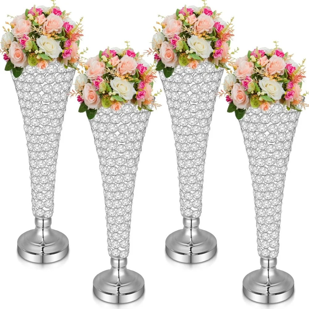 4 pieces of crystal trumpet vases, 20 inch high forged iron crystal vase flower rack, decorated for family anniversary ceremony